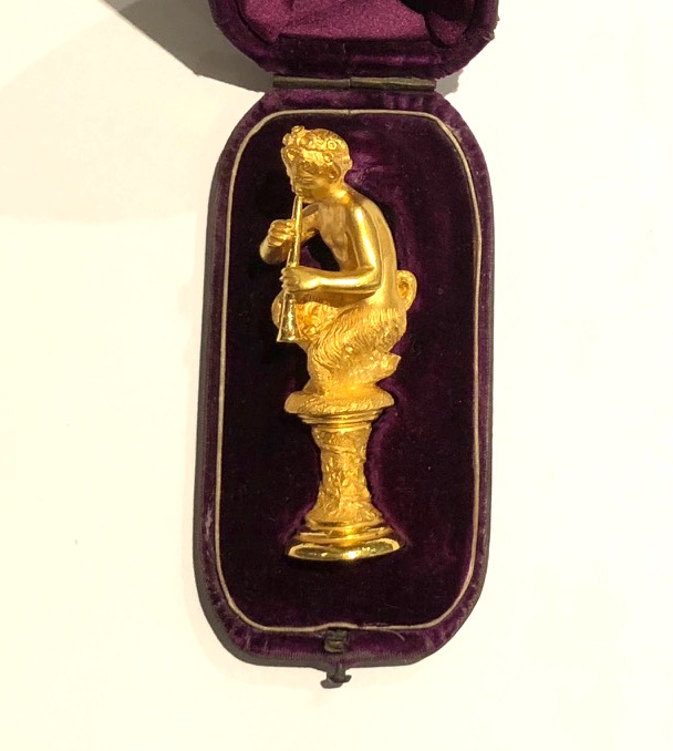 John Brogden (attr.), “Pan” extremely fine letter seal in 18K gold, marks, original box, c. 1870