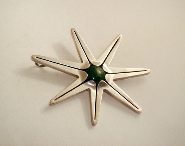 Victor Jaimez “Star” pendant brooch, sterling set with a cabochon moss agate, signed c. 1940’s