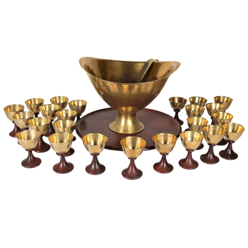 Lawrence Hunter Hand Wrought Brass and Walnut Punch Set c.1965