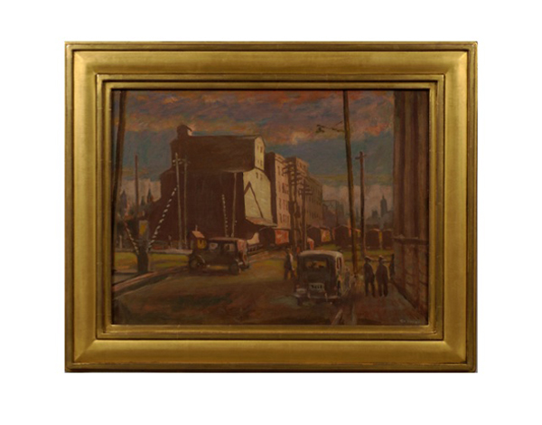 Gerrit V. Sinclair “Town along Railroad”, Oil on board, gilt frame c. 1942