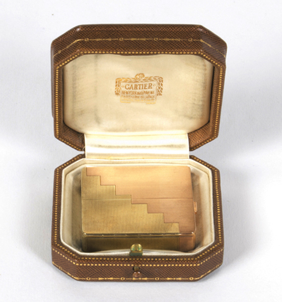 Cartier New York, Art Deco 14K yellow and rose gold step design compact, signed, original leather box, c. 1930