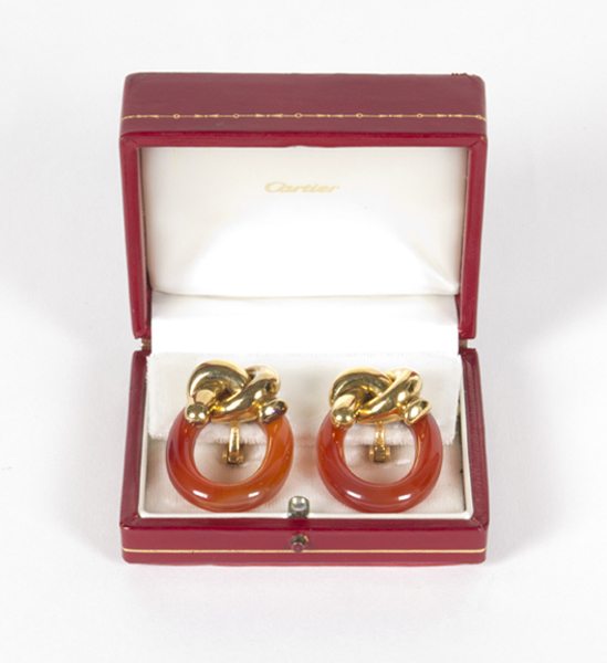 Aldo Cipullo for Cartier “Knot” 18K gold and carnelian earrings, original red leather box, signed, 1972