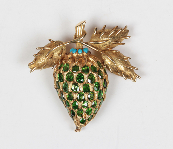 Jean Schlumberger for Tiffany & Co. “Berry brooch” 18K yellow gold, demantoids and cabochon turquoise, signed, c. 1968