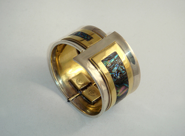 Rafael Melendez “Wing” cuff / bracelet, gilt sterling, inlaid abalone shell, signed c. 1940’s