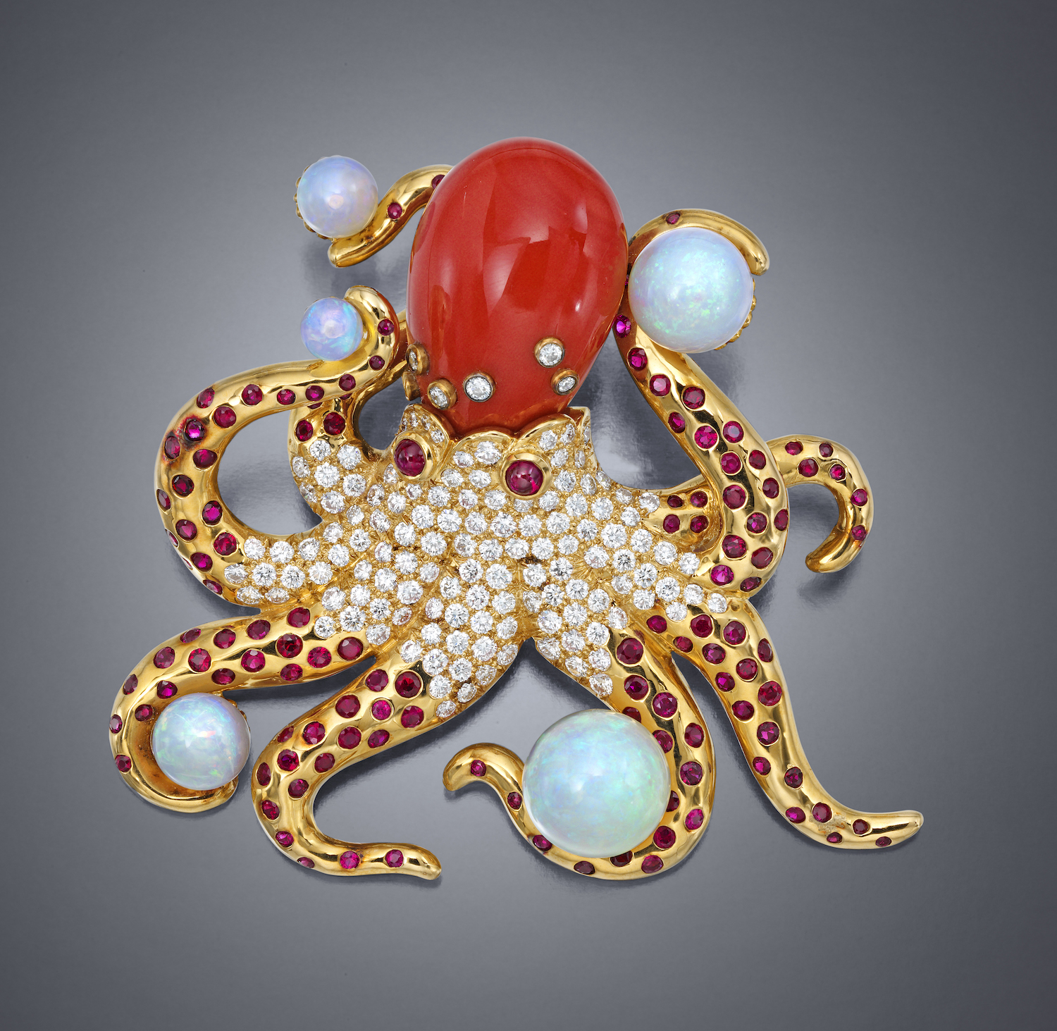 “Octopus” Brooch, 18K gold, coral, opals, diamonds and rubies
