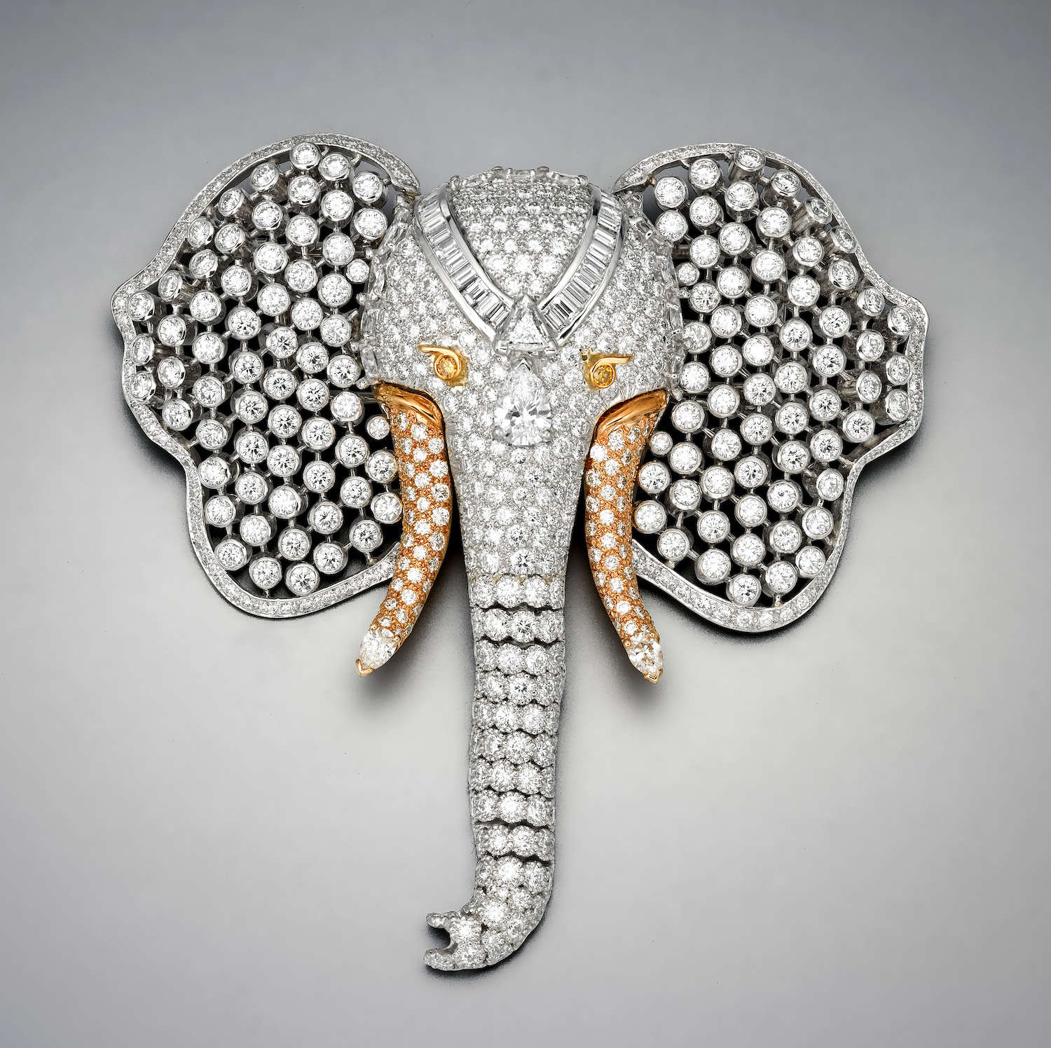 “Elephant” Brooch, Platinum, 18K gold and diamonds (25+ carats)