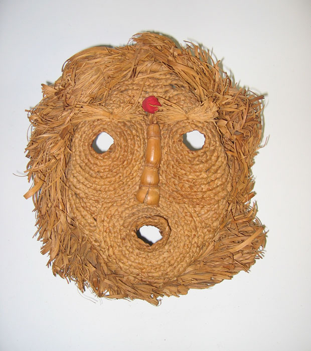 Iroquois Corn Husk Mask, woven corn husk, corn cob nose, red cloth medicine bag c. 1900
