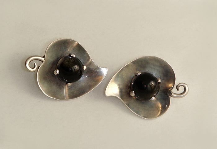 Juvento Lopez Reyes “Leaves with Fruit” earrings, sterling with obsidian spheres, signed c. 1940’s
