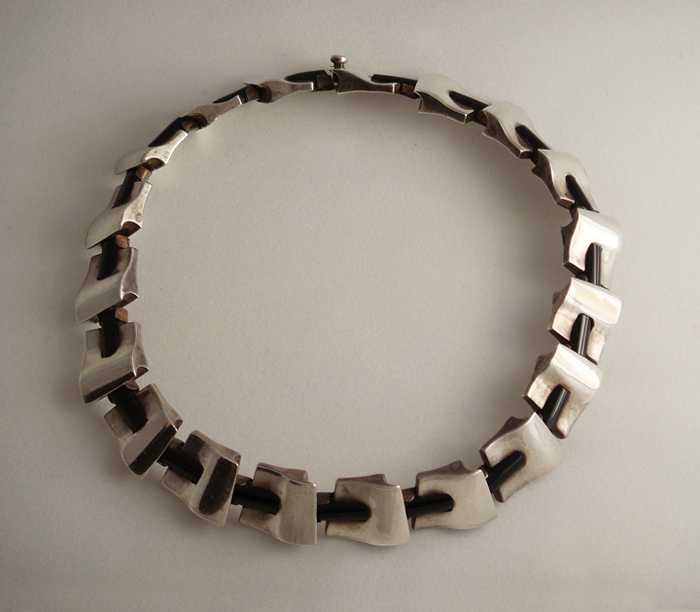 Antonio Pineda “Wave” necklace, sterling set with obsidian cylinders, signed c. 1950’s