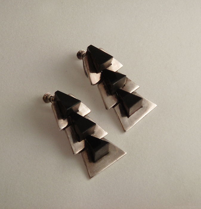 Antonio Pineda “Repeat Triangles” earrings, sterling set with obsidian, signed c. 1950