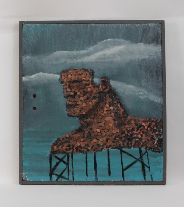 Robert Loughlin, “The Founder of the Empire”, Oil paint and pennies on plywood panel 1985