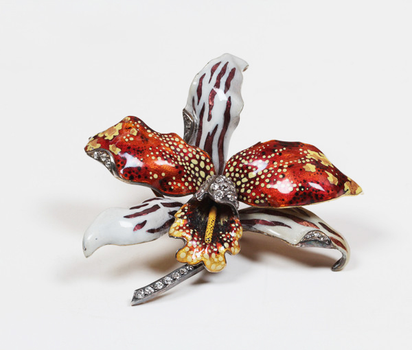 Julien Duval & Georges Le Turcq “Orchid” brooch, gold with colored enamel and petal edges set with diamonds, c. 1890