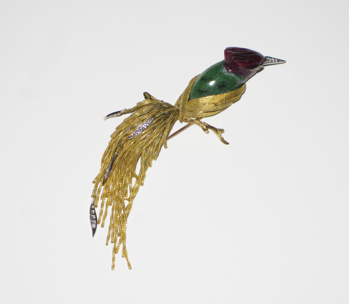 Pierre Sterlé Paris, “Hummingbird” brooch, carved natural ruby in zoisite mounted in 18K gold set with diamonds set in platinum, original suede box, signed, c. 1950’s