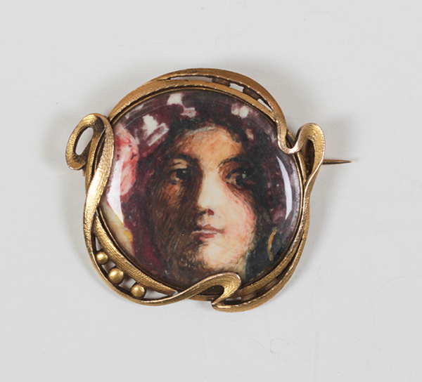 French Art Nouveau “Mucha” brooch, painting on ivory and crystal in a whiplash, 18K gold frame, marks, c. 1900