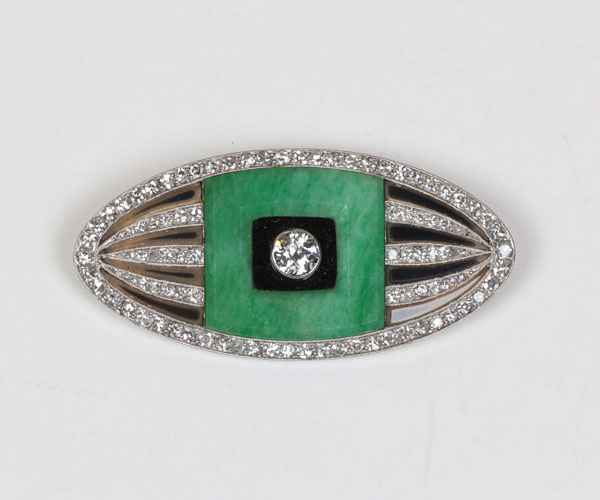 Lacloche Art Deco “Melon” brooch, jade, onyx and diamonds set in platinum, signed, original leather box c. 1930