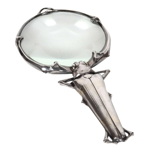 Important Lucien Gaillard “Staghorn beetle” silver and gold inlay magnifying glass, signed c. 1900