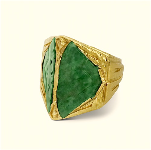 David Webb “Aztec” ring, Pre-Columbian green jade set in an 18K gold incised angular ring mount, signed, c. 1960’s