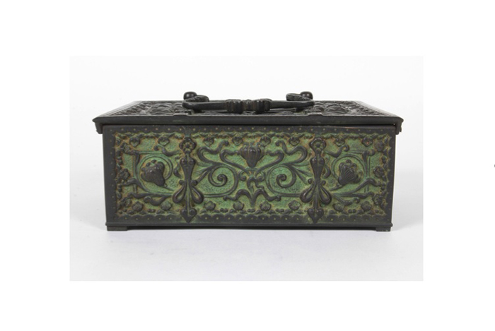 Walter Klein / Erhard & Soehne Verdegreen patinated bronze box with a whiplash floral motif, c. 1900