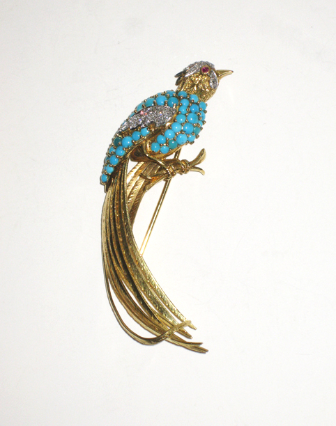 French “Exotic Bird” brooch, 18K gold set with diamonds, cabochon turquoise and a ruby eye, marked, c. 1940