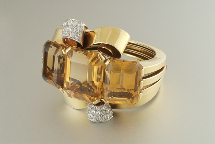 Paul Flato (attr.) “Dolores del Rio” cuff bracelet, 3 large rectangular citrines (approx. 200+ carats) and pave diamonds (approx. 9 carats TW) set in 18K yellow gold and platinum,(G.I.A. certificate) c. 1940