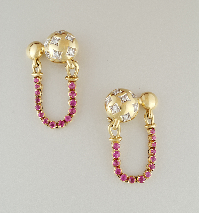 American Retro “Surrealist” pendant earrings, 18K gold set with rubies and diamonds, marks, c. 1945
