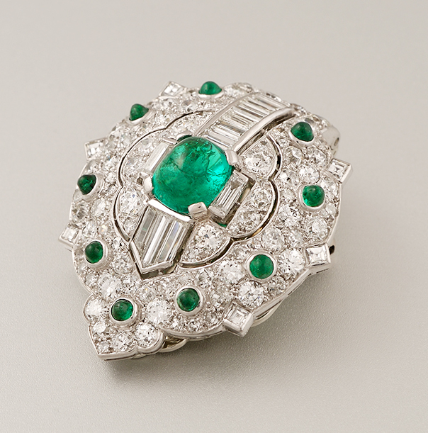 French Art Deco clip / brooch set with diamonds and cabochon emeralds, marks, c. 1930