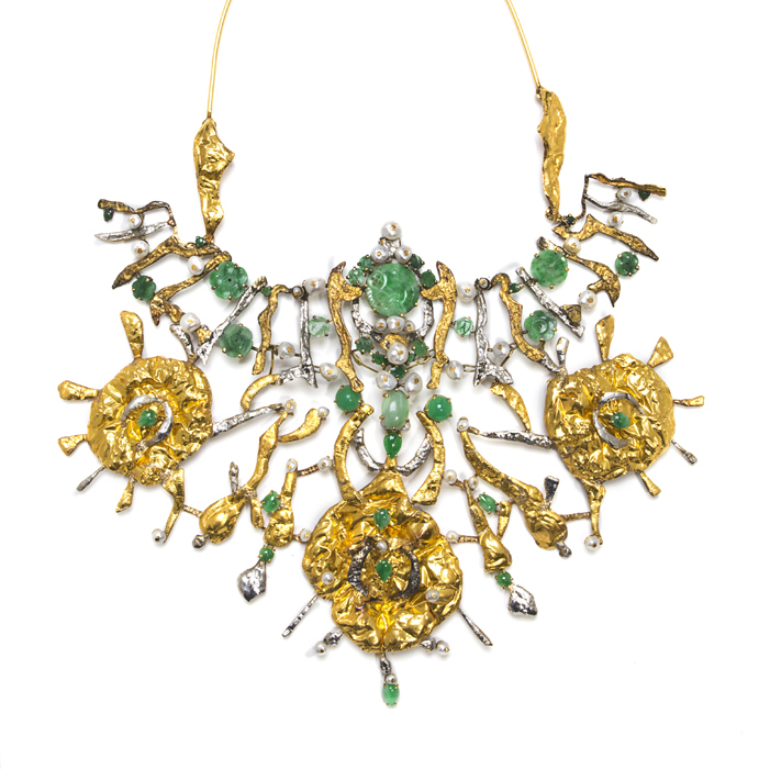 Lisa Sotilis “Kalliope Muse” necklace, handwrought 18K-24K gold, further inset with ancient and rare carved green jade and cabochon jade jewels, natural pearls, signed, 1970