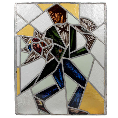 Reinhold Klaus / Carl Geyling Atelier Vienna “Cubist Man with top hat and flowers” stained glass window c. 1930