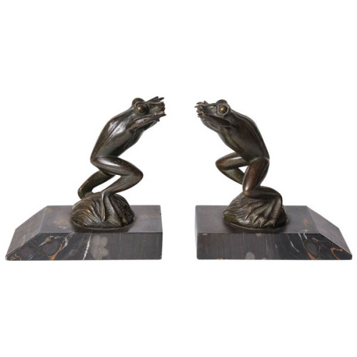 Charles-Maurice Favre-Bertin / French Art Nouveau Bronze frog bookends c. 1925