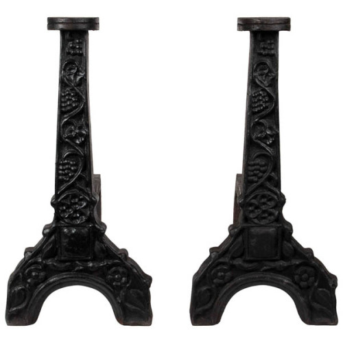 Arts & Crafts “Grape Vine” cast iron andirons in a “Gothic Revival” style, c. 1920
