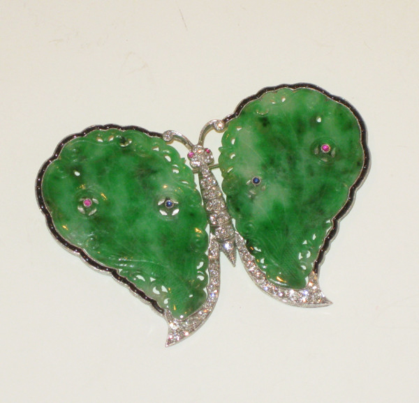 Art Deco butterfly brooch, carved jade, diamonds, sapphires, rubies,  onyx set in platinum, c.1925