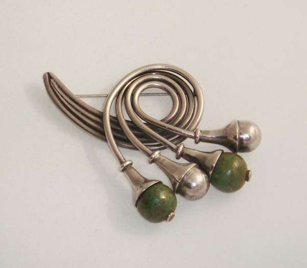 Plateria Margarita “Berry Loop” brooch, sterling with aventurine spheres, signed, c. 1950