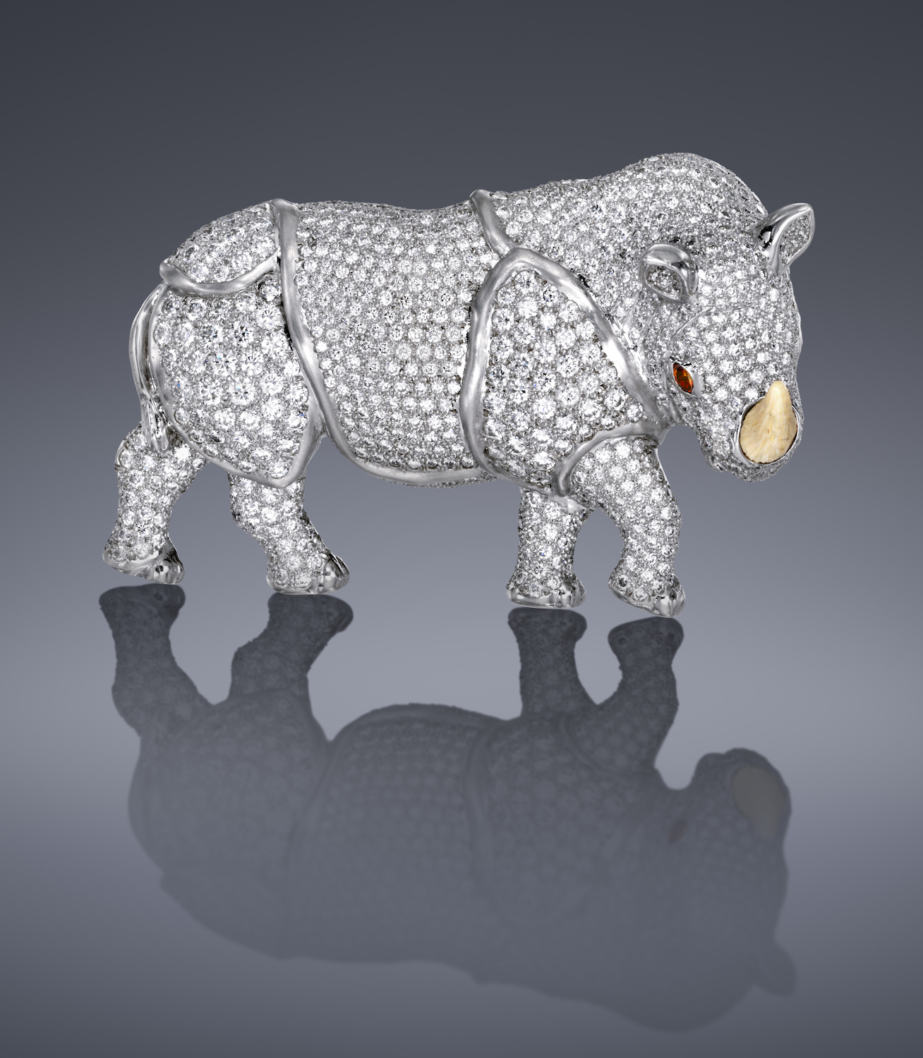 “Rhinoceros” Brooch, Platinum, Diamonds and Horn