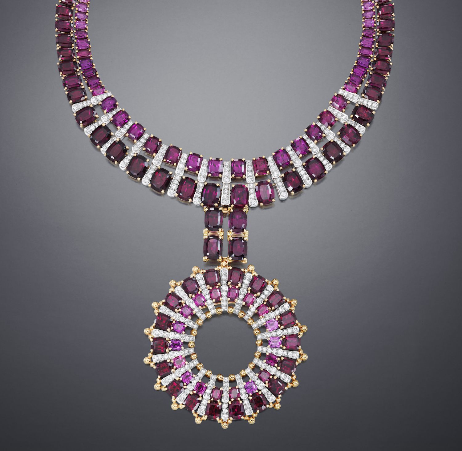Necklace (integrating brooch and ring), Platinum, 18K Yellow Gold, Rhodolites and Diamonds