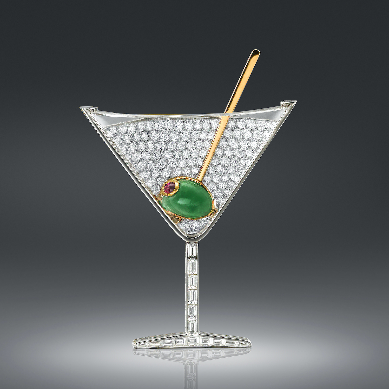 “Martini Glass” Brooch, Platinum, 18K Gold, Crystal, Jade, Ruby and Diamonds