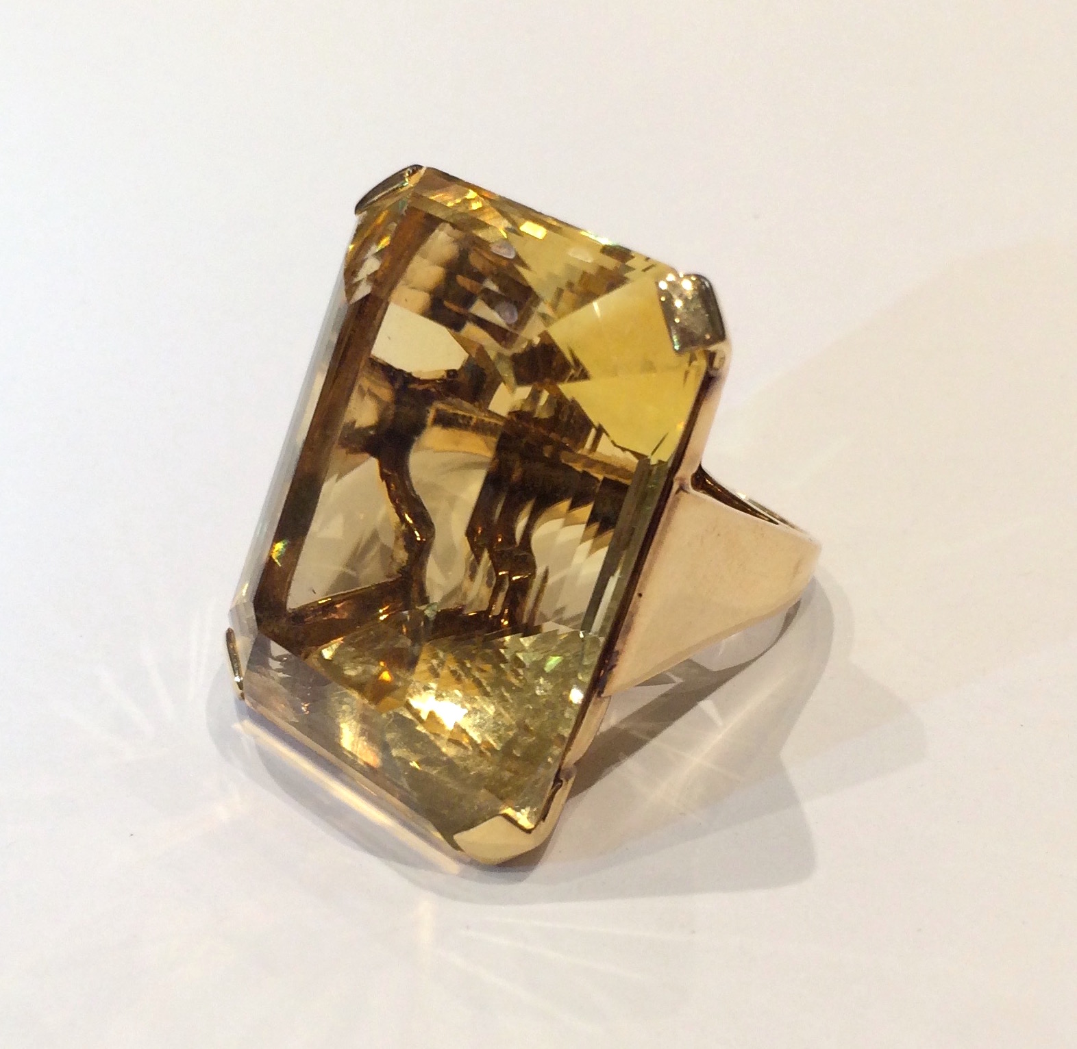 Seaman Schepps ring, large stepped cut citrine (approx. 125 carats) set in 14K yellow gold, signed, c. 1940’s