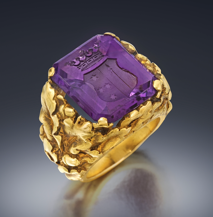 Leo-Victor Gardey (1879-1942) “Oak Leaves” ring, carved 18K gold set with a Heraldic amethyst jewel (approx. 14 carats TW), signed, c. 1900