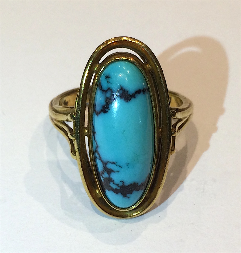 Murrle Bennett / Arts & Crafts ring, 18K gold and matrix turquoise, marked, c. 1910