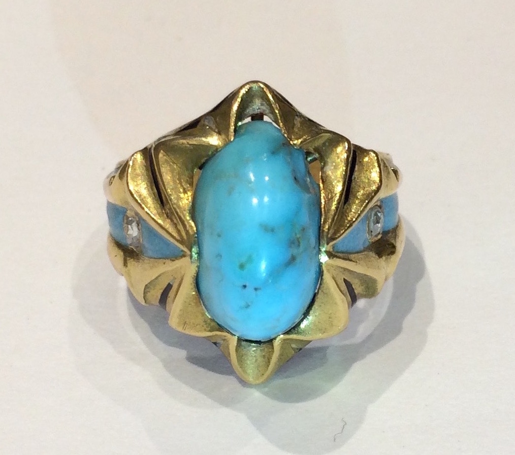 Paul Follot (attr.) 18k gold and turquoise Art Nouveau ring set with two rose cut diamonds, marked, c.1900
