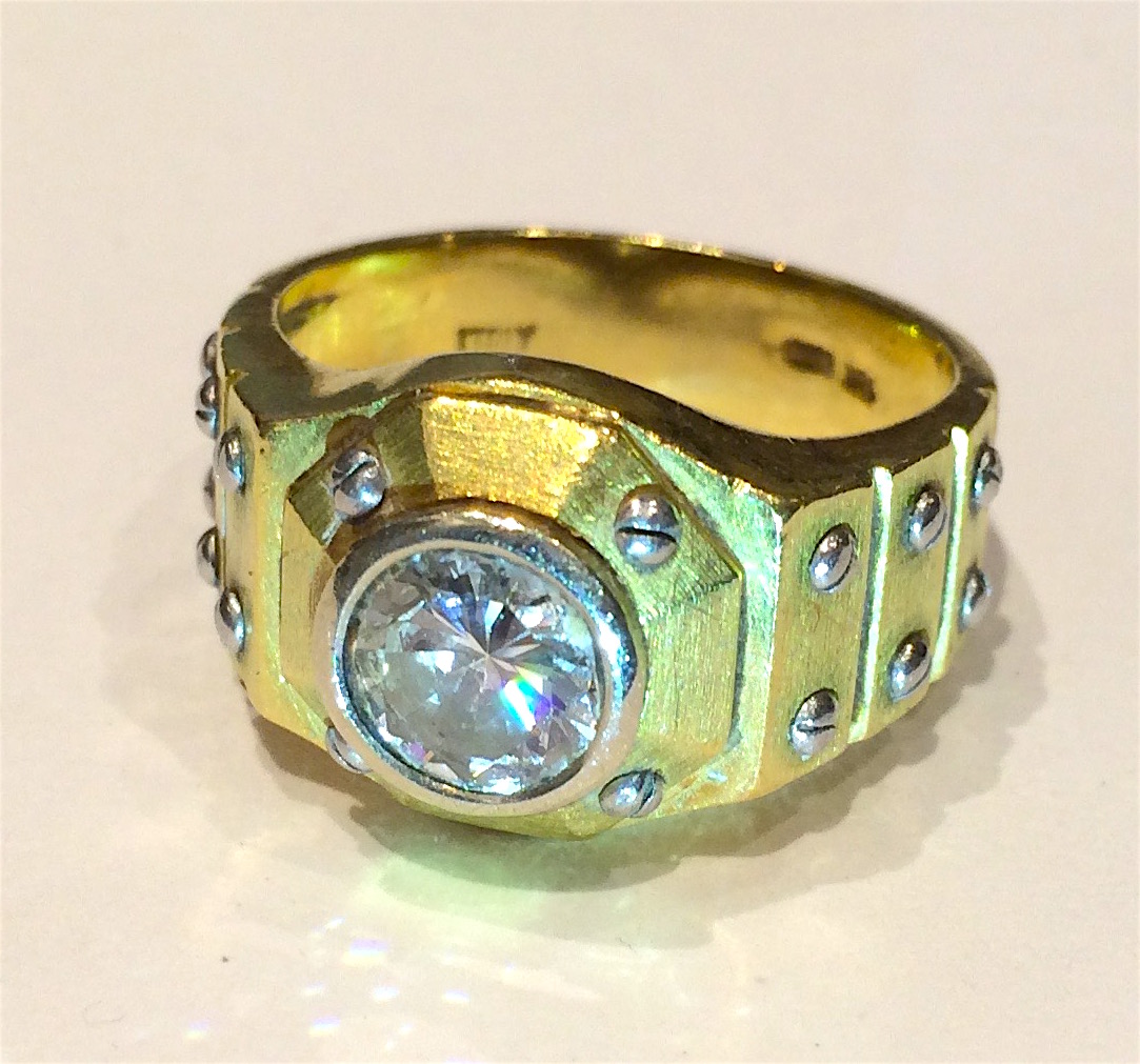 Italian “Royal Oak” style 18K yellow and white gold ring set with a round diamond (approx. 1 carat), marked, c. 1980’s