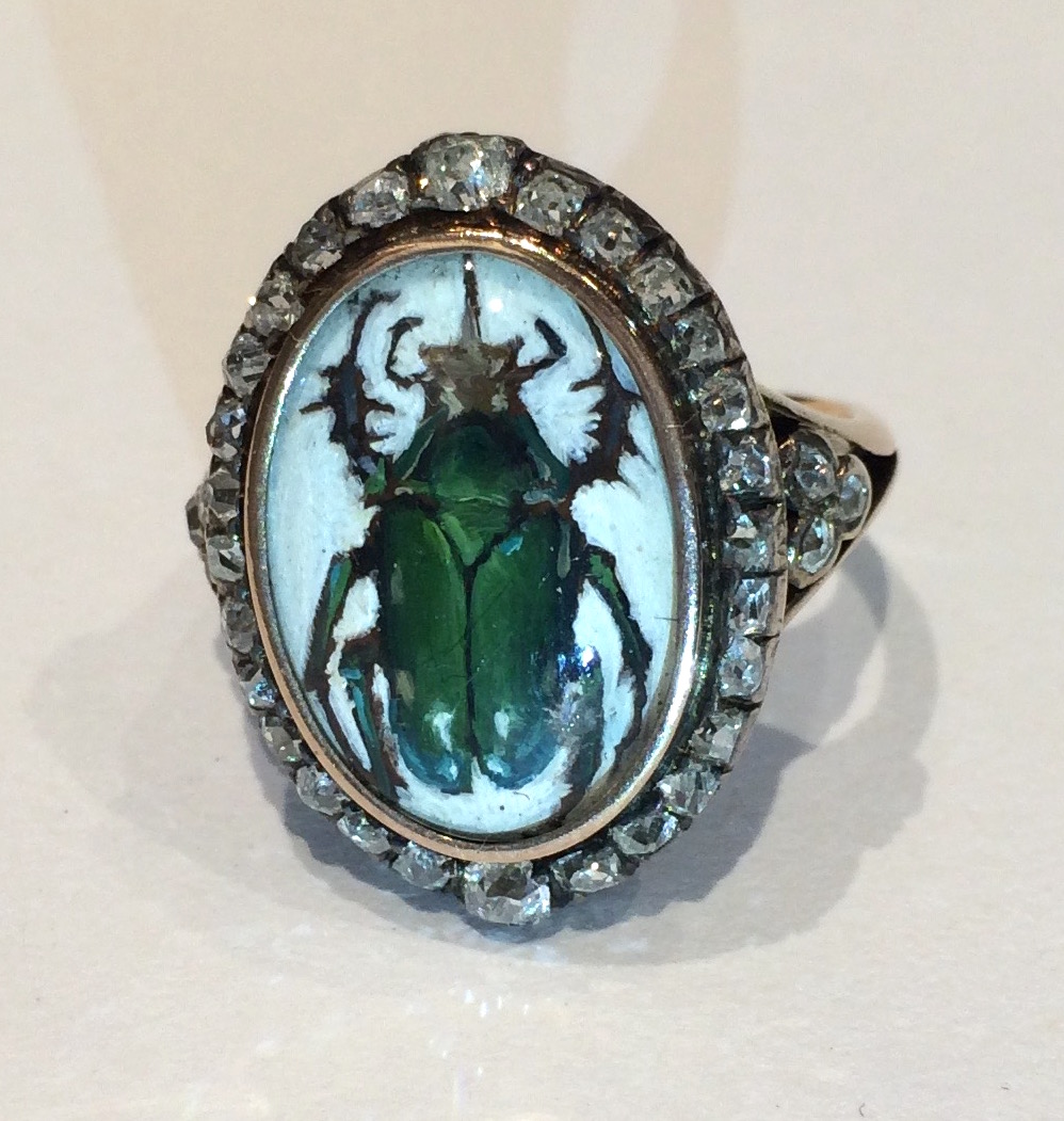 Georgian diamond and crystal “Scarab” ring set in gold with a Contemporary miniature painting by Dina Brodsky, c. 1890
