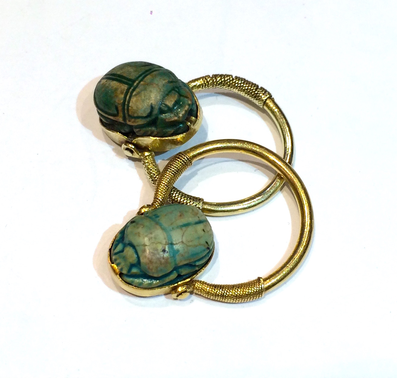 Late 19th Century Archeological Revival “Scarab” rings, 18K gold set with glazed ceramic scarabs, c. 1880’s