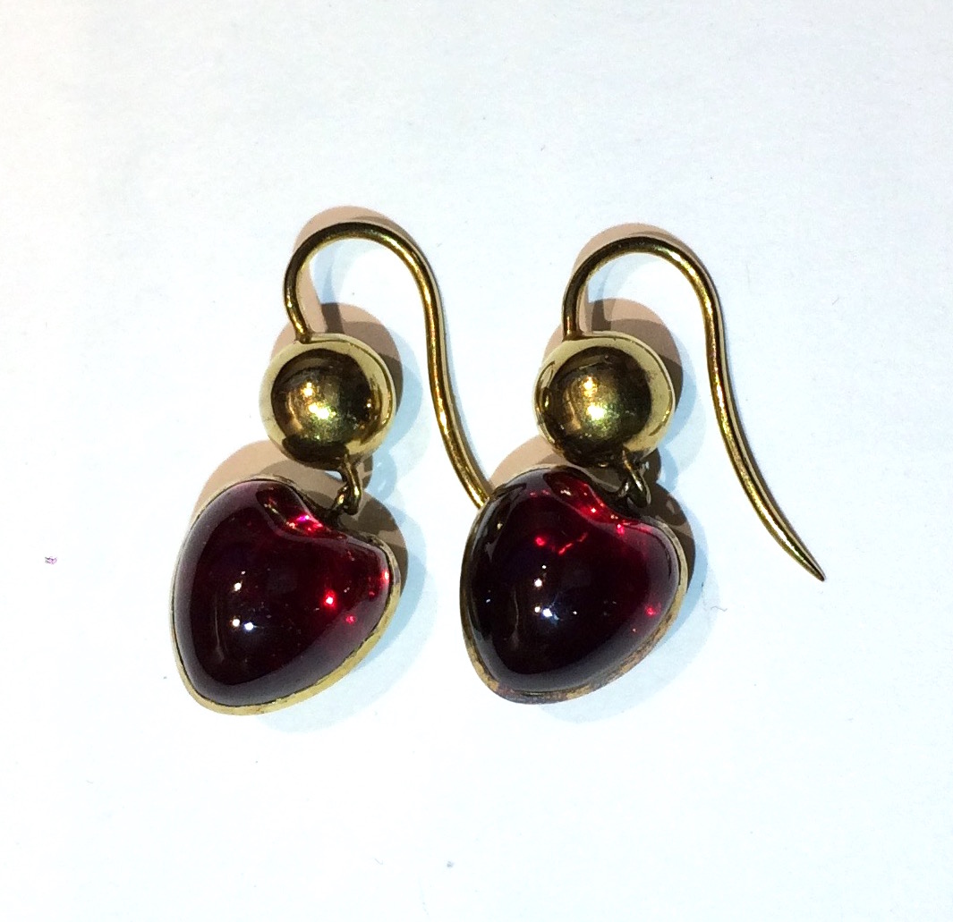 Victorian “Heart” earrings, heart shaped cabochon garnets mounted in gold with gold spheres accents, marked, c.1890’s