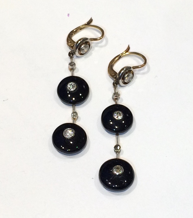 Art Deco pendant earrings set with onyx contoured and flattened spheres and ten diamonds all set in platinum topped rose gold, marked, c.1930’s