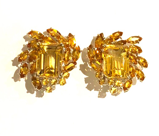 Retro “Leaf” earrings set with large central rectangular citrines surrounded by orange / yellow marquise shaped citrines all set in platinum mounts, c. 1940’s