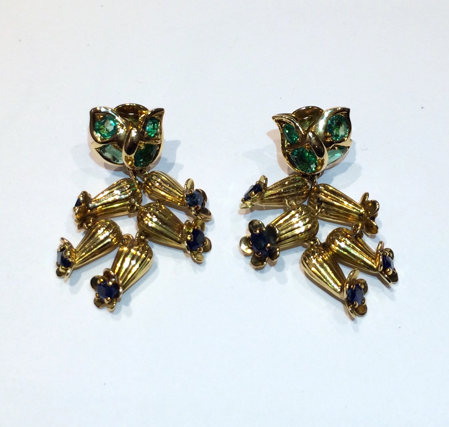 Cartier Paris, “Bluebell” earrings, 18K yellow gold set with emeralds and sapphires, signed c. 1950’s