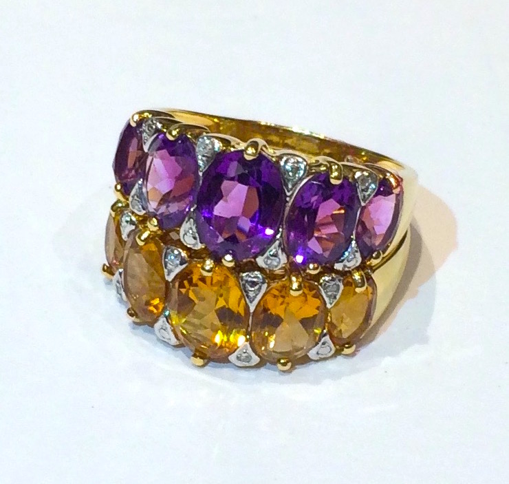Suzanne Belperron / Groene et Darde Paris, Pair of multi stone rings, five oval cut citrines and five oval cut amethysts all set in 18K gold further set with platinum mounted diamonds, signed, c. 1940’s / early 1950’s