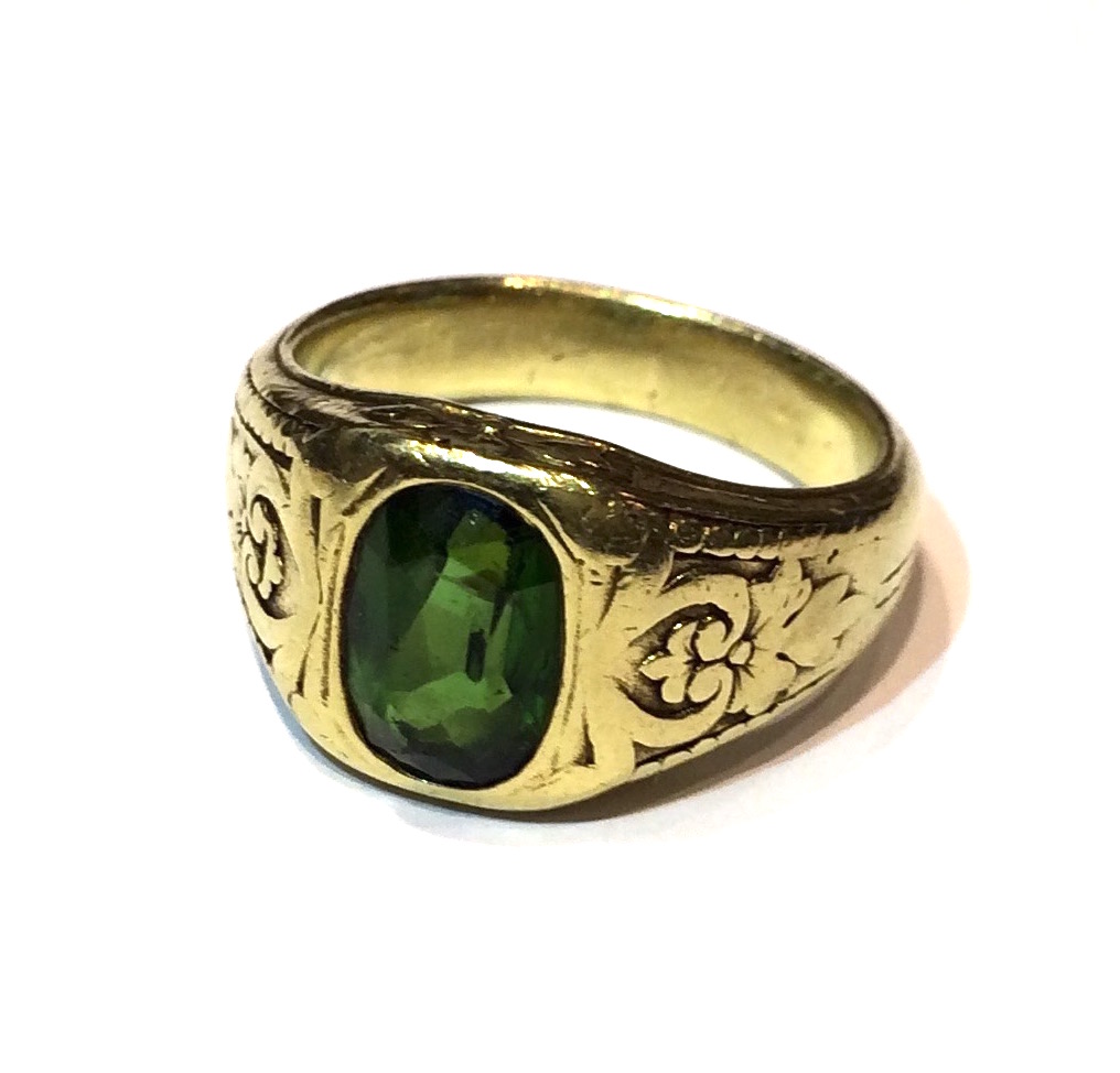 Louis C. Tiffany / Tiffany & Co. ring, 18K gold and oval green tourmaline, signed, c. 1900