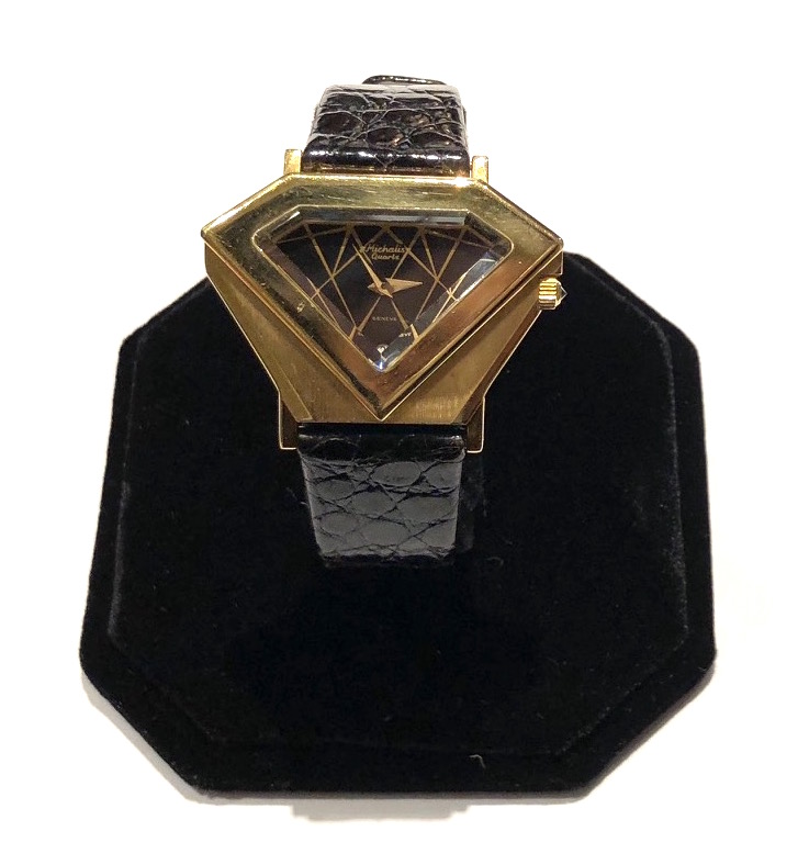 Michalis, Geneva “Blue Diamond” watch, 18K yellow gold with sapphire bezel and original crocodile strap, signed, c. 1970’s