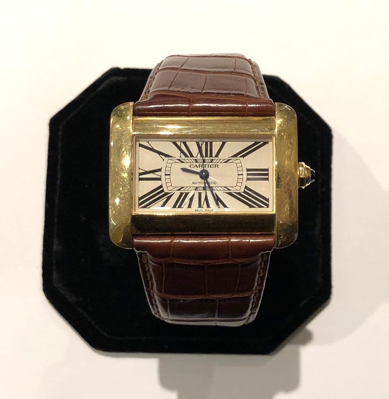 Cartier “Divan” full size watch, 18K gold sapphire bezel, original Cartier crocodile band with matching Cartier 18K gold buckle, signed, c. 2005